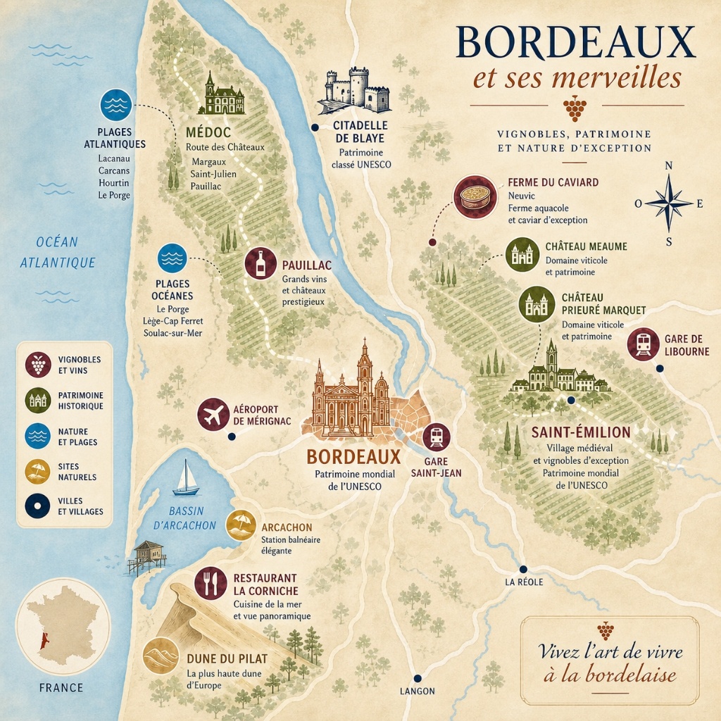 Carte illustrée Bordeaux et ses merveilles — vignobles, patrimoine et nature d'exception
