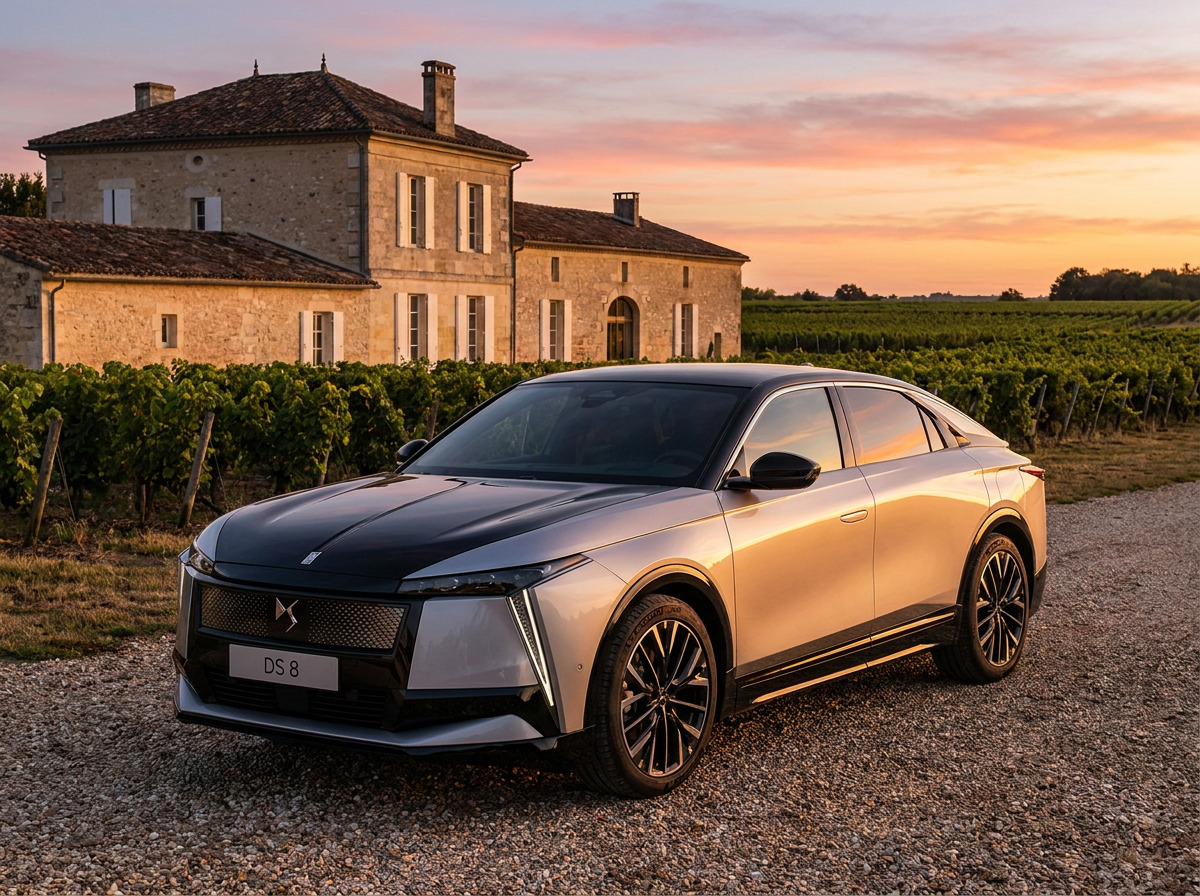 DS 8 berline de prestige électrique devant un château bordelais
