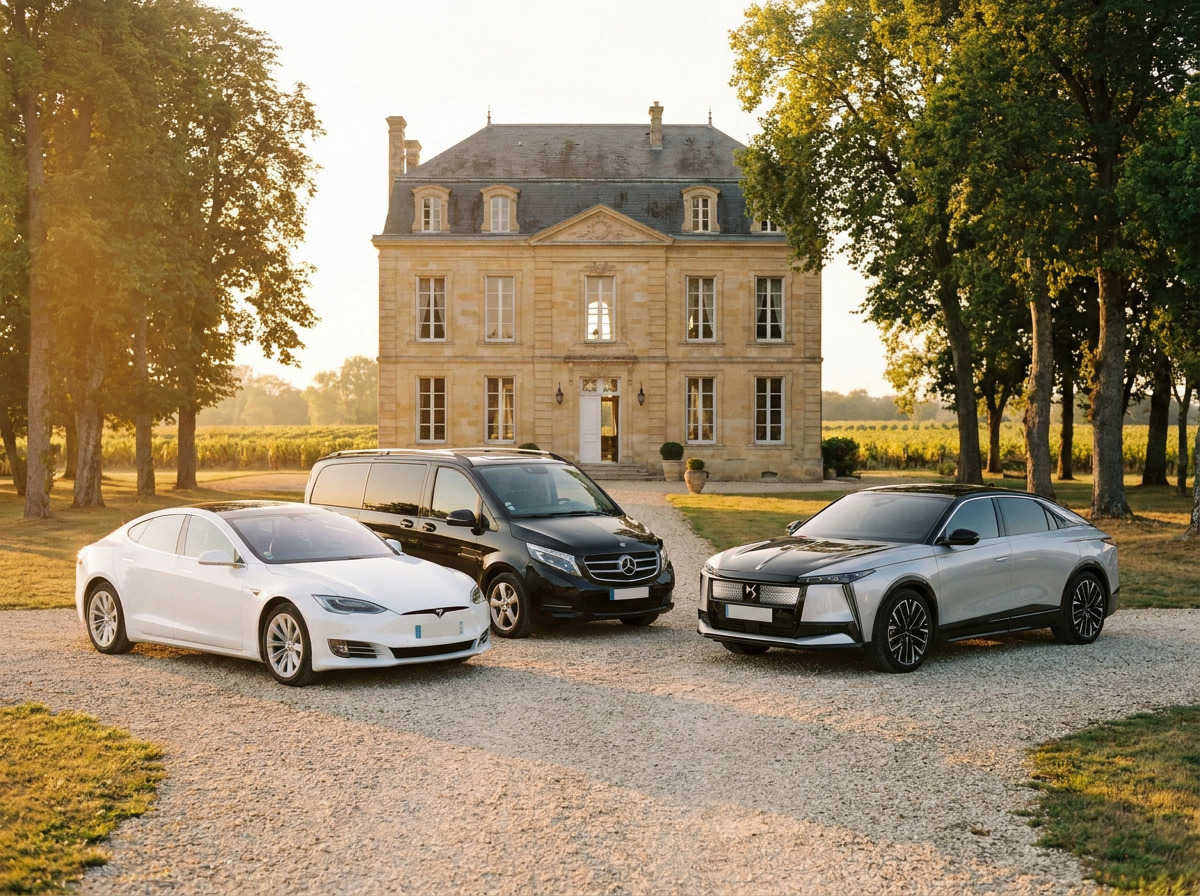 Flotte CYT & GO — Tesla Model S, Mercedes Classe V et DS 8 devant une demeure bordelaise