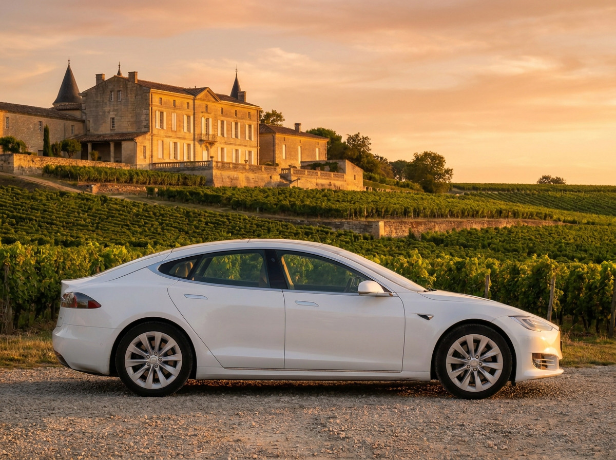 Tesla Model S électrique premium devant un château bordelais